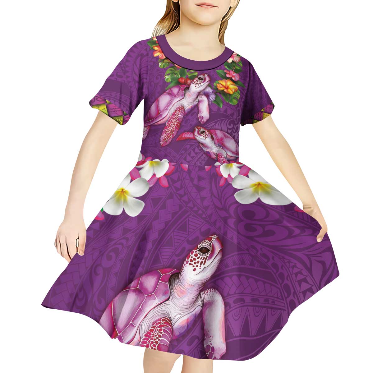 Hawaiian Lei Turtle and Plumeria Kid Short Sleeve Dress Polynerian Art Tattoo-Mauve Color