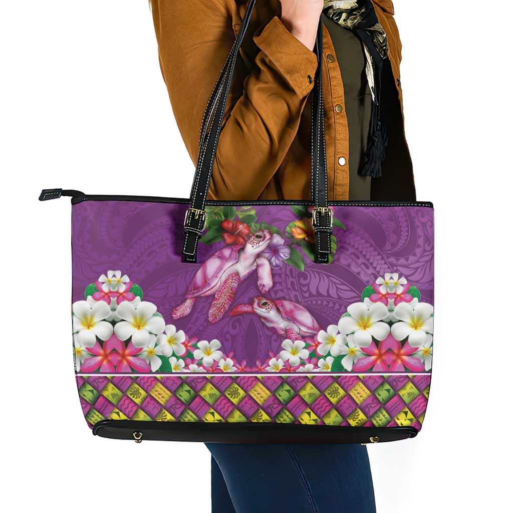 Hawaiian Lei Turtle and Plumeria Leather Tote Bag Polynerian Art Tattoo-Mauve Color LT03 - Polynesian Pride