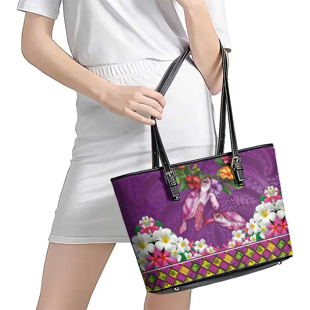 Hawaiian Lei Turtle and Plumeria Leather Tote Bag Polynerian Art Tattoo-Mauve Color LT03 - Polynesian Pride