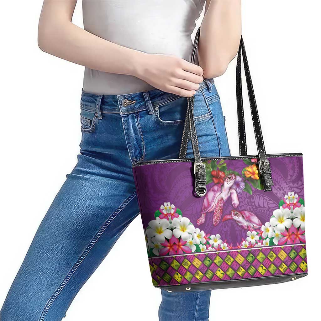 Hawaiian Lei Turtle and Plumeria Leather Tote Bag Polynerian Art Tattoo-Mauve Color LT03 - Polynesian Pride