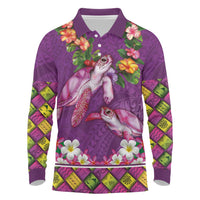 Hawaiian Lei Turtle and Plumeria Long Sleeve Polo Shirt Polynerian Art Tattoo-Mauve Color