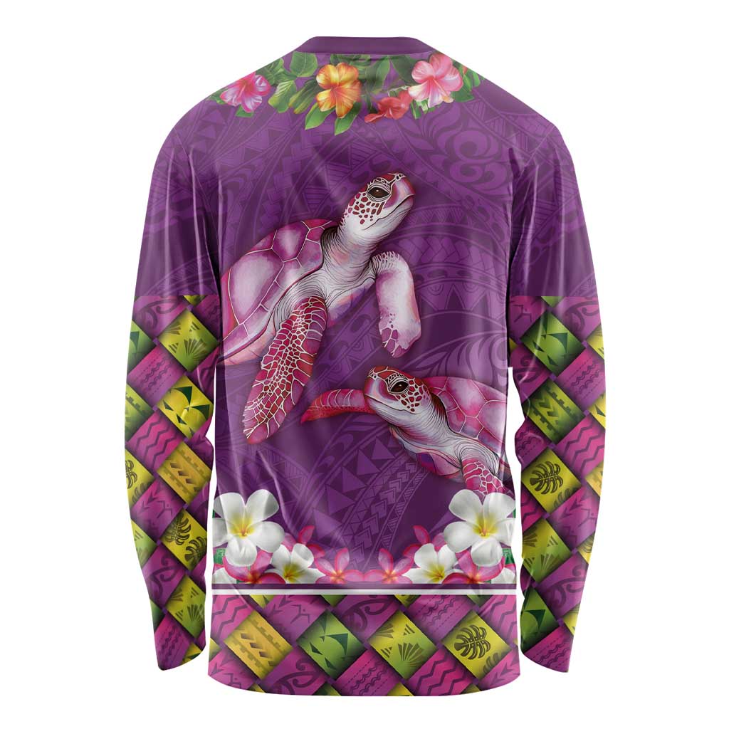 Hawaiian Lei Turtle and Plumeria Long Sleeve Shirt Polynerian Art Tattoo-Mauve Color