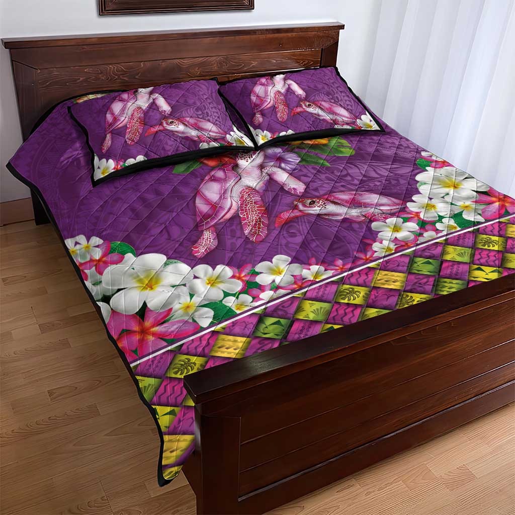 Hawaiian Lei Turtle and Plumeria Quilt Bed Set Polynerian Art Tattoo-Mauve Color