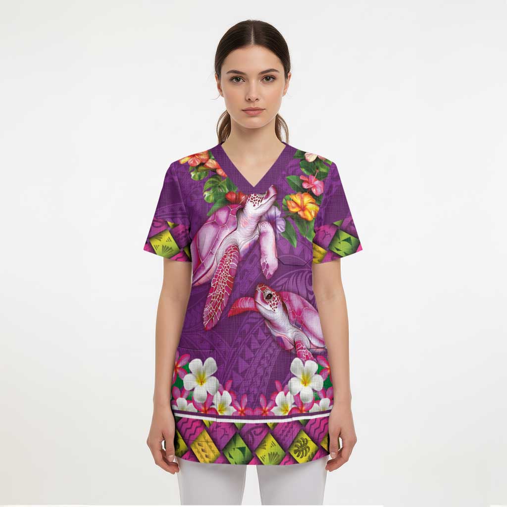 Hawaiian Lei Turtle and Plumeria Scrub Top Polynerian Art Tattoo-Mauve Color - Polynesian Pride