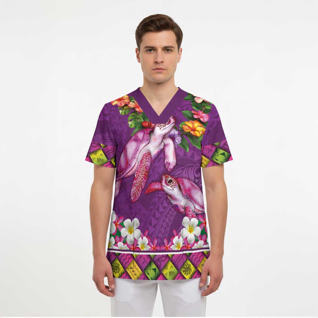 Hawaiian Lei Turtle and Plumeria Scrub Top Polynerian Art Tattoo-Mauve Color - Polynesian Pride