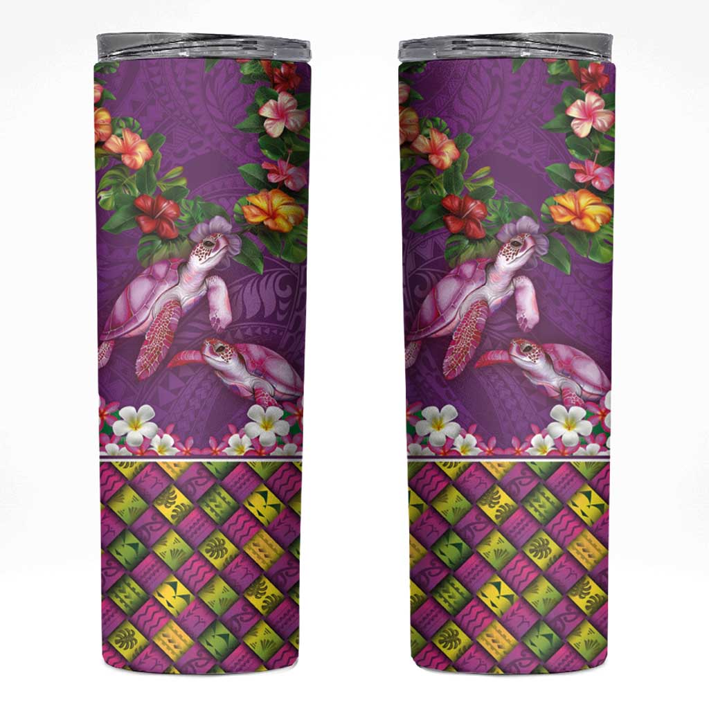 Hawaiian Lei Turtle and Plumeria Skinny Tumbler Polynerian Art Tattoo-Mauve Color