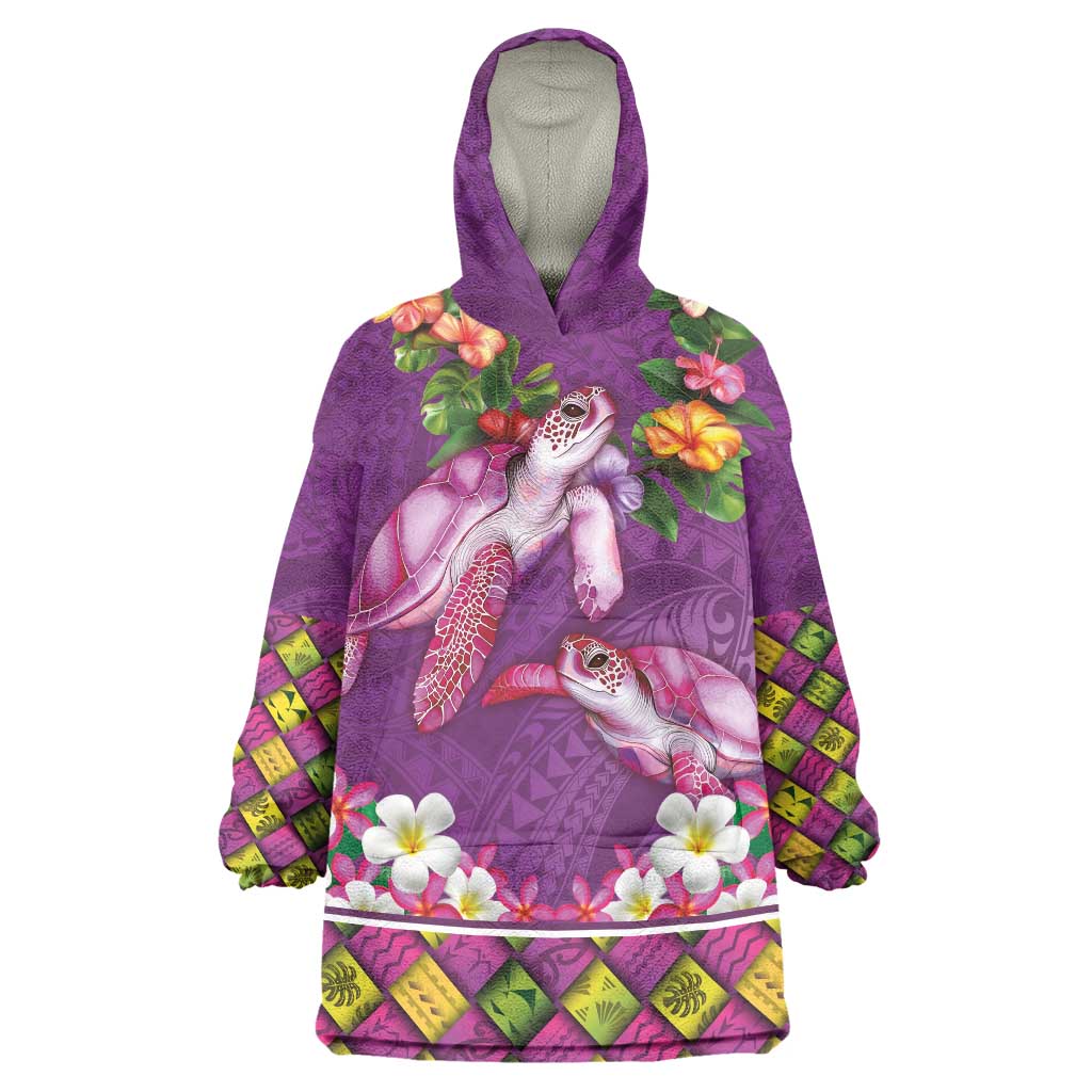 Hawaiian Lei Turtle and Plumeria Wearable Blanket Hoodie Polynerian Art Tattoo-Mauve Color