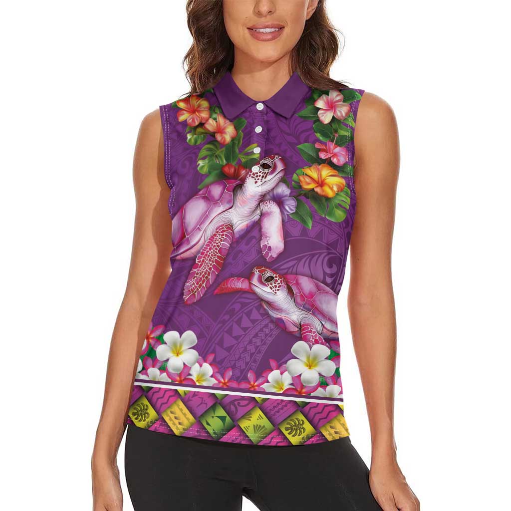 Hawaiian Lei Turtle and Plumeria Women Sleeveless Polo Shirt Polynerian Art Tattoo-Mauve Color