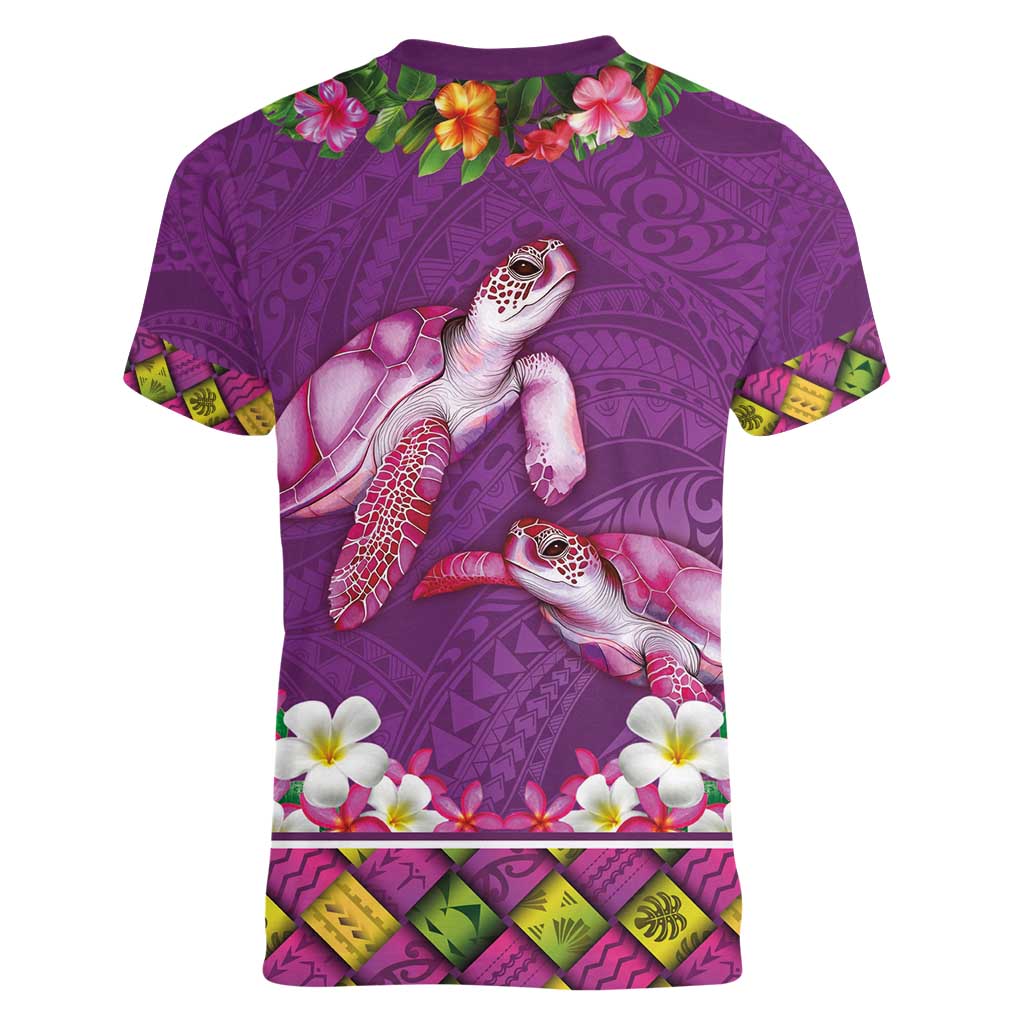 Hawaiian Lei Turtle and Plumeria Women V-Neck T-Shirt Polynerian Art Tattoo-Mauve Color