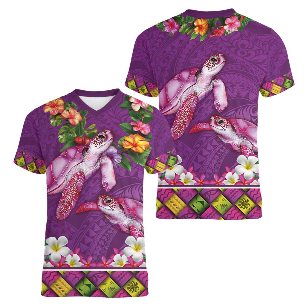 Hawaiian Lei Turtle and Plumeria Women V-Neck T-Shirt Polynerian Art Tattoo-Mauve Color
