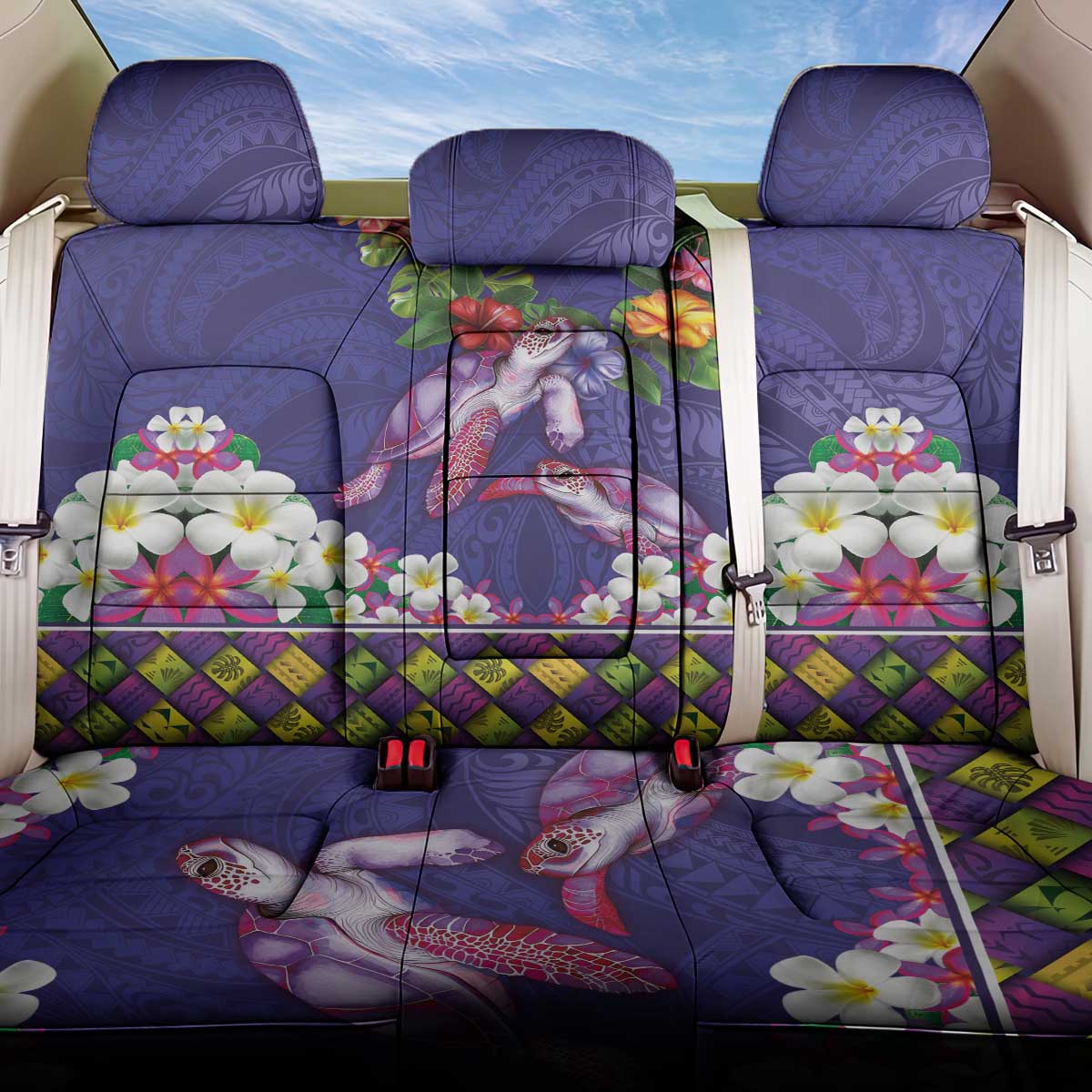Hawaiian Lei Turtle and Plumeria Back Car Seat Cover Polynerian Art Tattoo-Navy Color LT03 One Size Navy - Polynesian Pride