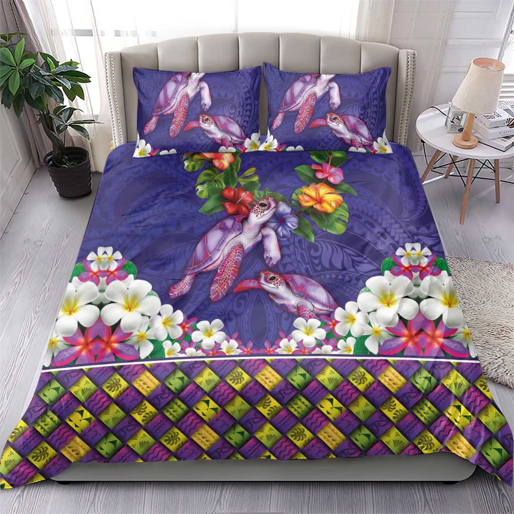 Hawaiian Lei Turtle and Plumeria Bedding Set Polynerian Art Tattoo-Navy Color