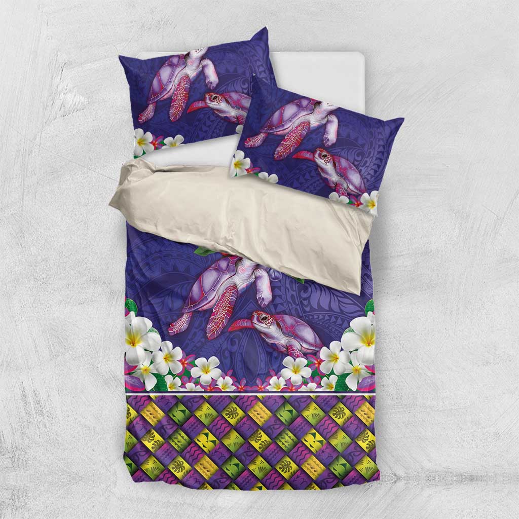 Hawaiian Lei Turtle and Plumeria Bedding Set Polynerian Art Tattoo-Navy Color