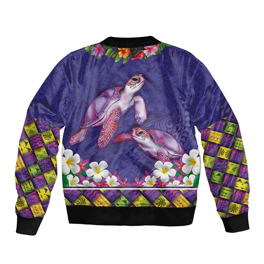 Hawaiian Lei Turtle and Plumeria Bomber Jacket Polynerian Art Tattoo-Navy Color LT03 - Polynesian Pride