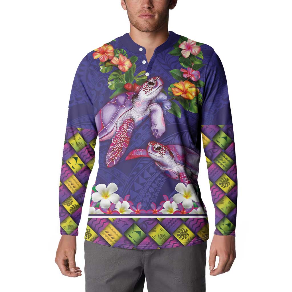 Hawaiian Lei Turtle and Plumeria Button Sweatshirt Polynerian Art Tattoo-Navy Color