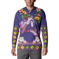 Hawaiian Lei Turtle and Plumeria Button Sweatshirt Polynerian Art Tattoo-Navy Color
