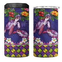 Hawaiian Lei Turtle and Plumeria 4 in 1 Can Cooler Tumbler Polynerian Art Tattoo-Navy Color