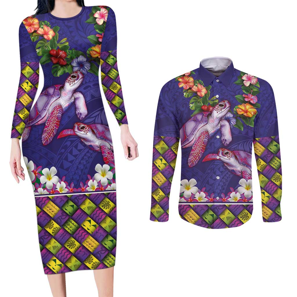Hawaiian Lei Turtle and Plumeria Couples Matching Long Sleeve Bodycon Dress and Long Sleeve Button Shirt Polynerian Art Tattoo-Navy Color LT03 Navy - Polynesian Pride