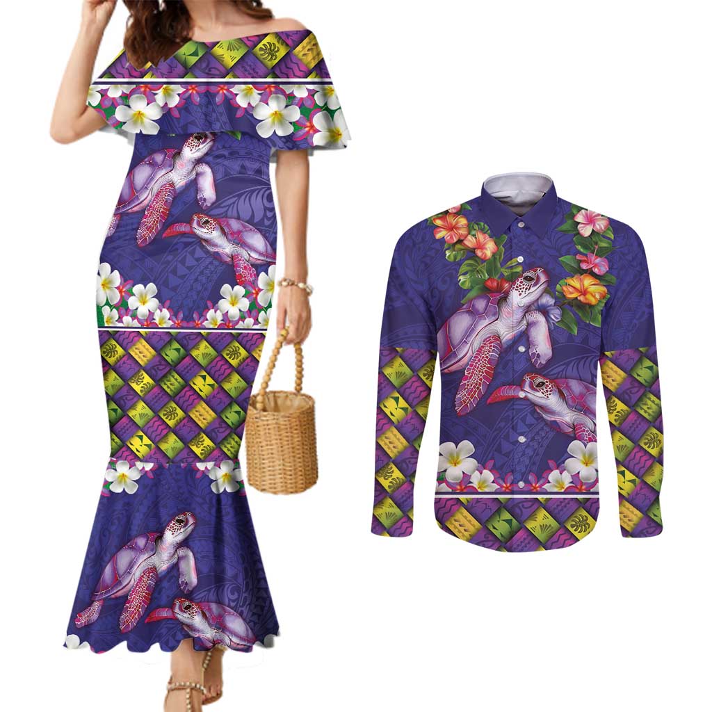 Hawaiian Lei Turtle and Plumeria Couples Matching Mermaid Dress and Long Sleeve Button Shirt Polynerian Art Tattoo-Navy Color LT03 Navy - Polynesian Pride