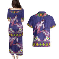 Hawaiian Lei Turtle and Plumeria Couples Matching Puletasi and Hawaiian Shirt Polynerian Art Tattoo-Navy Color