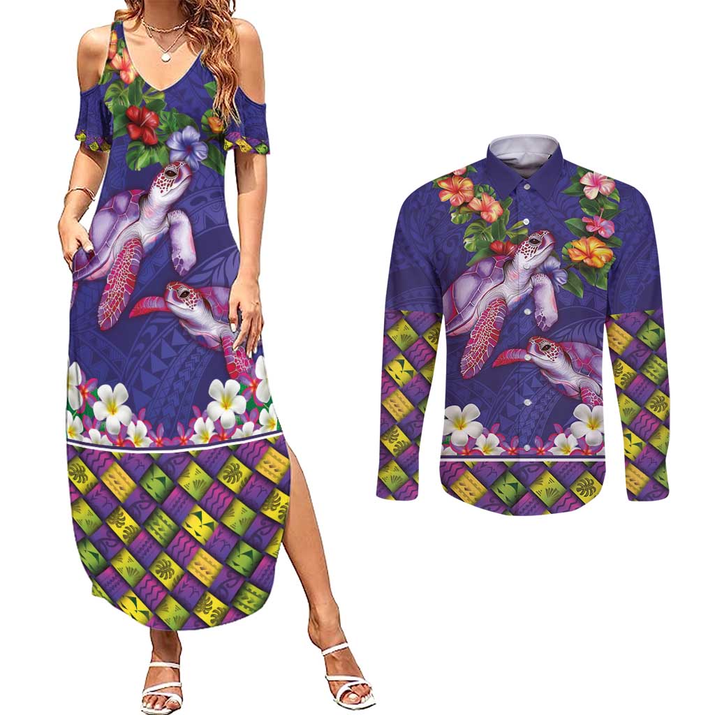 Hawaiian Lei Turtle and Plumeria Couples Matching Summer Maxi Dress and Long Sleeve Button Shirt Polynerian Art Tattoo-Navy Color