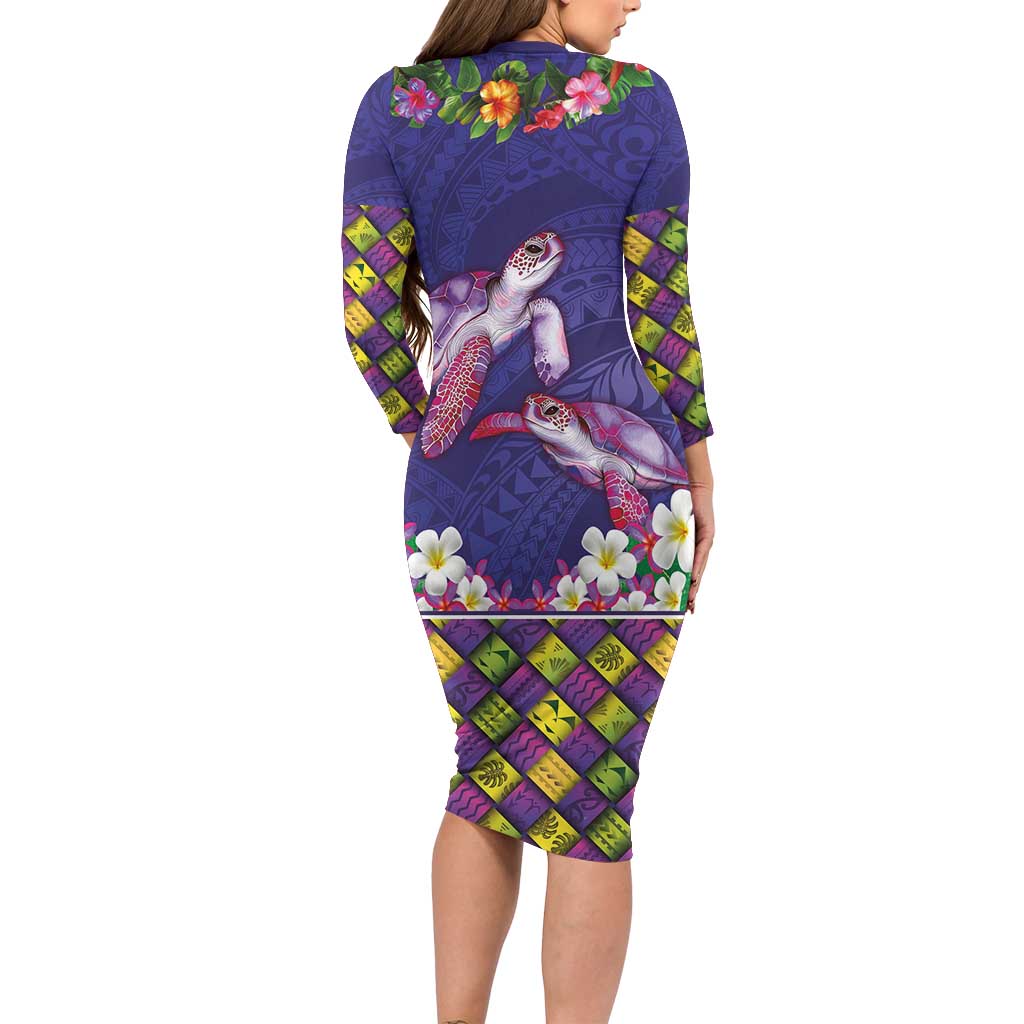 Hawaiian Lei Turtle and Plumeria Family Matching Long Sleeve Bodycon Dress and Hawaiian Shirt Polynerian Art Tattoo-Navy Color