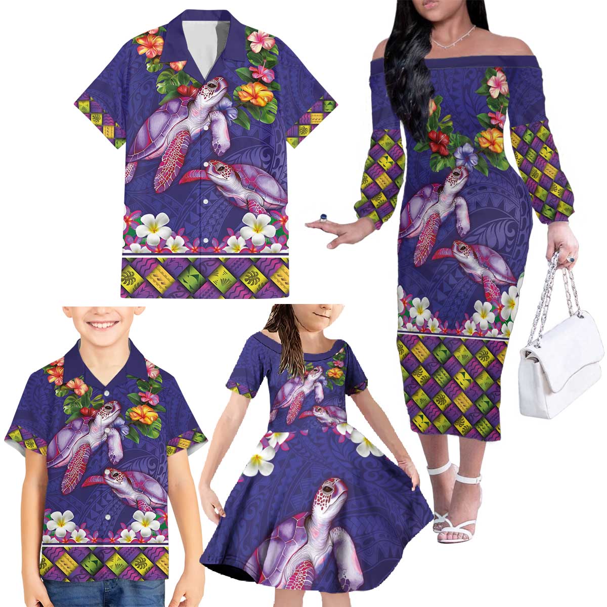 Hawaiian Lei Turtle and Plumeria Family Matching Off The Shoulder Long Sleeve Dress and Hawaiian Shirt Polynerian Art Tattoo-Navy Color