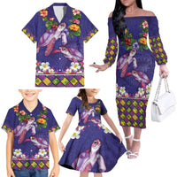 Hawaiian Lei Turtle and Plumeria Family Matching Off The Shoulder Long Sleeve Dress and Hawaiian Shirt Polynerian Art Tattoo-Navy Color