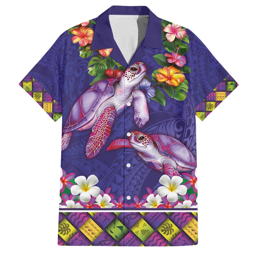 Hawaiian Lei Turtle and Plumeria Family Matching Off Shoulder Short Dress and Hawaiian Shirt Polynerian Art Tattoo-Navy Color LT03 Dad's Shirt - Short Sleeve Navy - Polynesian Pride