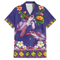 Hawaiian Lei Turtle and Plumeria Family Matching Off Shoulder Short Dress and Hawaiian Shirt Polynerian Art Tattoo-Navy Color LT03 Dad's Shirt - Short Sleeve Navy - Polynesian Pride