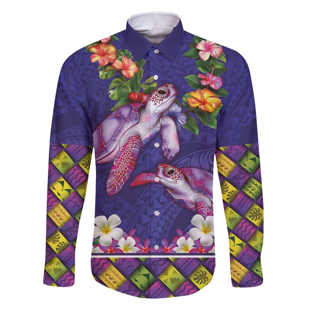 Hawaiian Lei Turtle and Plumeria Family Matching Off Shoulder Short Dress and Hawaiian Shirt Polynerian Art Tattoo-Navy Color LT03 Dad's Shirt - Long Sleeve Navy - Polynesian Pride
