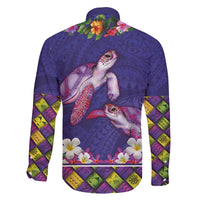 Hawaiian Lei Turtle and Plumeria Family Matching Off Shoulder Short Dress and Hawaiian Shirt Polynerian Art Tattoo-Navy Color LT03 - Polynesian Pride