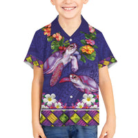 Hawaiian Lei Turtle and Plumeria Family Matching Off Shoulder Short Dress and Hawaiian Shirt Polynerian Art Tattoo-Navy Color LT03 Son's Shirt Navy - Polynesian Pride