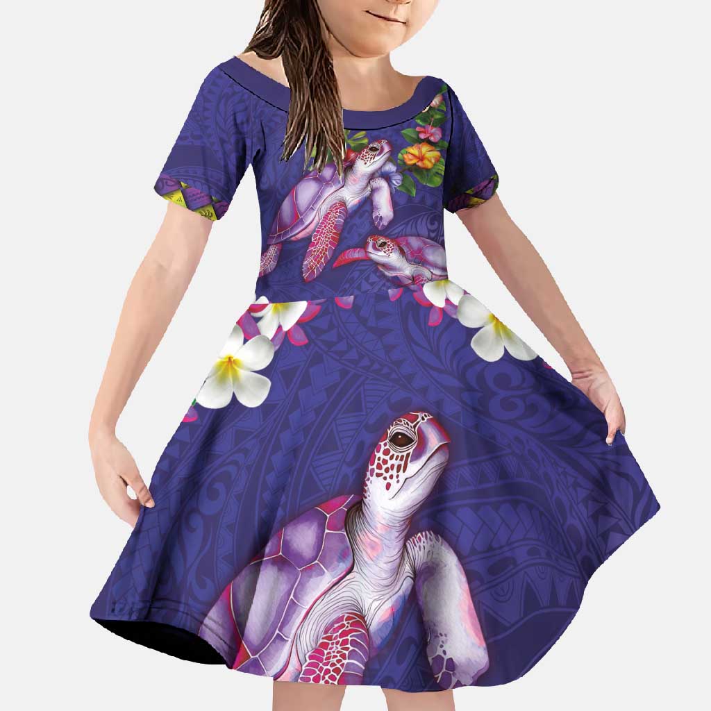 Hawaiian Lei Turtle and Plumeria Family Matching Summer Maxi Dress and Hawaiian Shirt Polynerian Art Tattoo-Navy Color LT03 Daughter's Dress Navy - Polynesian Pride