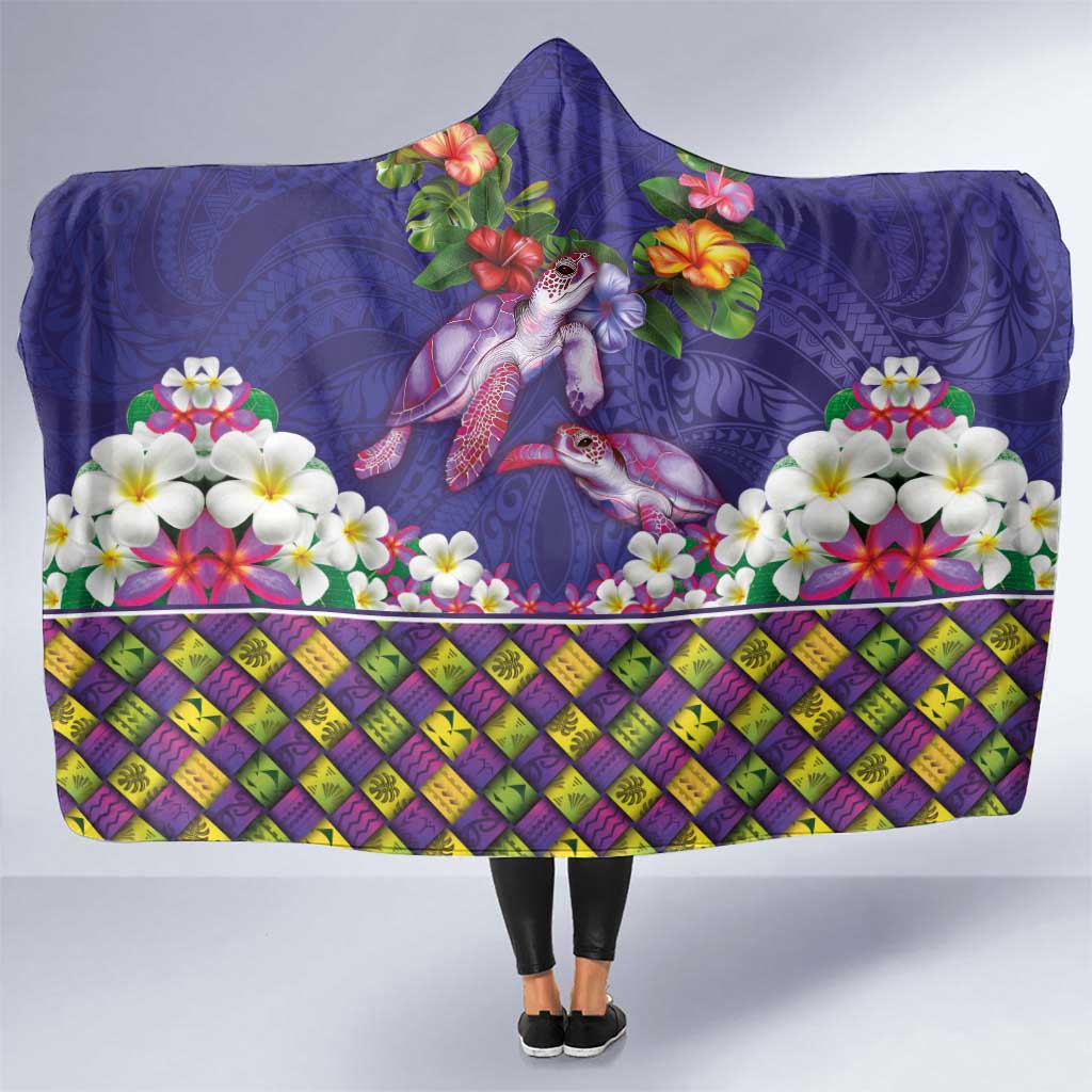 Hawaiian Lei Turtle and Plumeria Hooded Blanket Polynerian Art Tattoo-Navy Color