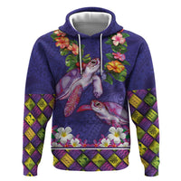 Hawaiian Lei Turtle and Plumeria Hoodie Polynerian Art Tattoo-Navy Color