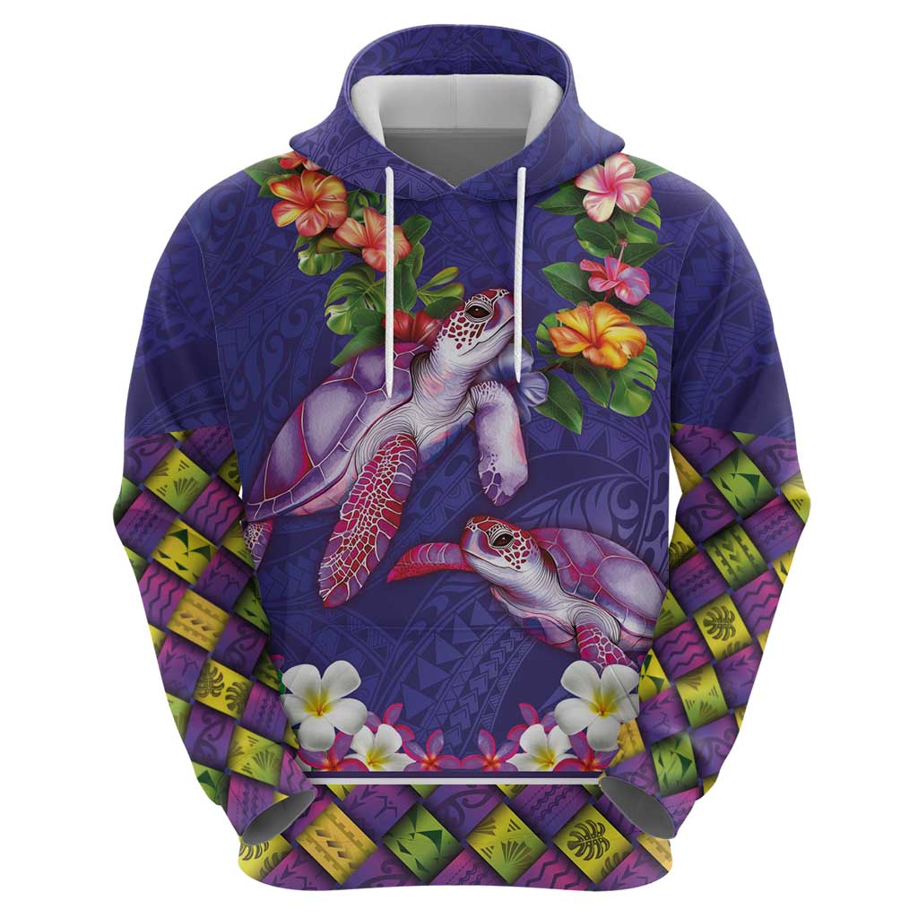 Hawaiian Lei Turtle and Plumeria Hoodie Polynerian Art Tattoo-Navy Color