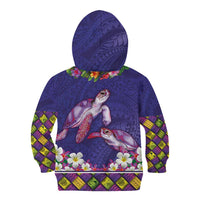 Hawaiian Lei Turtle and Plumeria Kid Hoodie Polynerian Art Tattoo-Navy Color