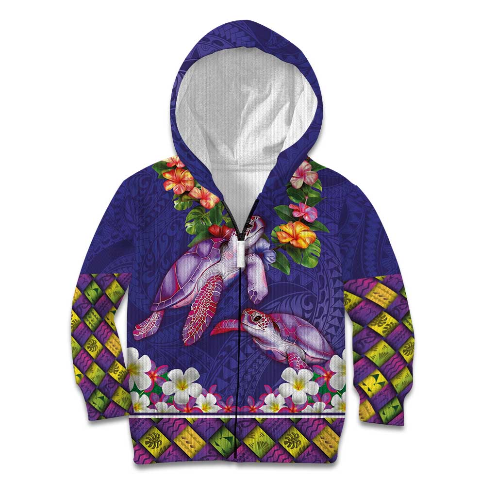 Hawaiian Lei Turtle and Plumeria Kid Hoodie Polynerian Art Tattoo-Navy Color