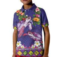 Hawaiian Lei Turtle and Plumeria Kid Polo Shirt Polynerian Art Tattoo-Navy Color
