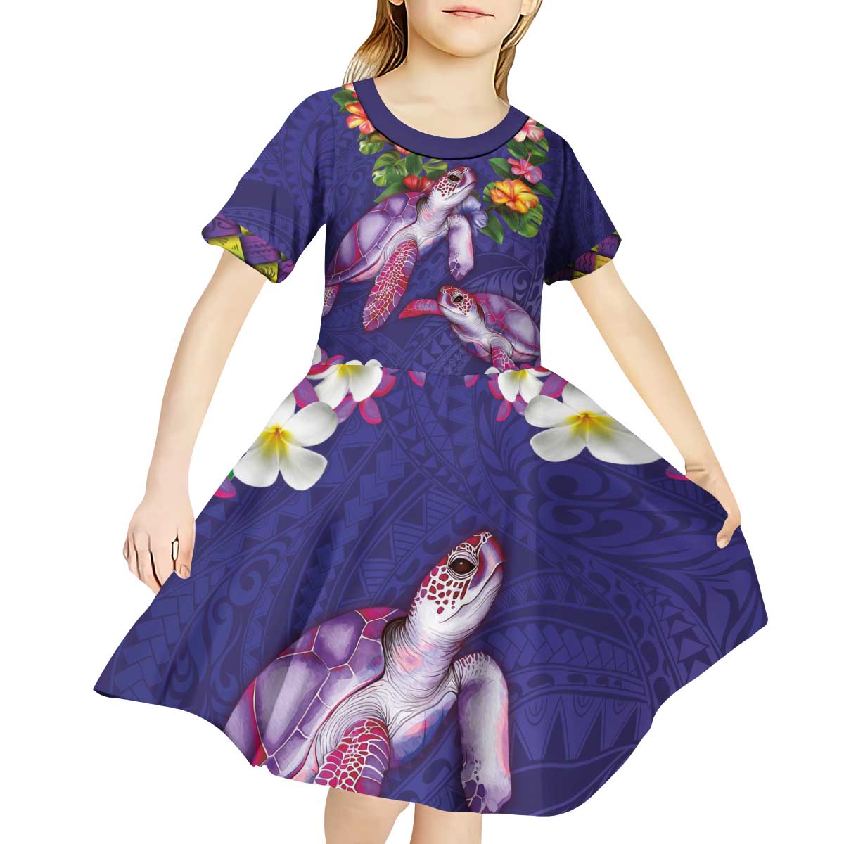 Hawaiian Lei Turtle and Plumeria Kid Short Sleeve Dress Polynerian Art Tattoo-Navy Color