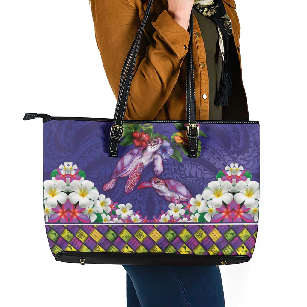 Hawaiian Lei Turtle and Plumeria Leather Tote Bag Polynerian Art Tattoo-Navy Color LT03 - Polynesian Pride