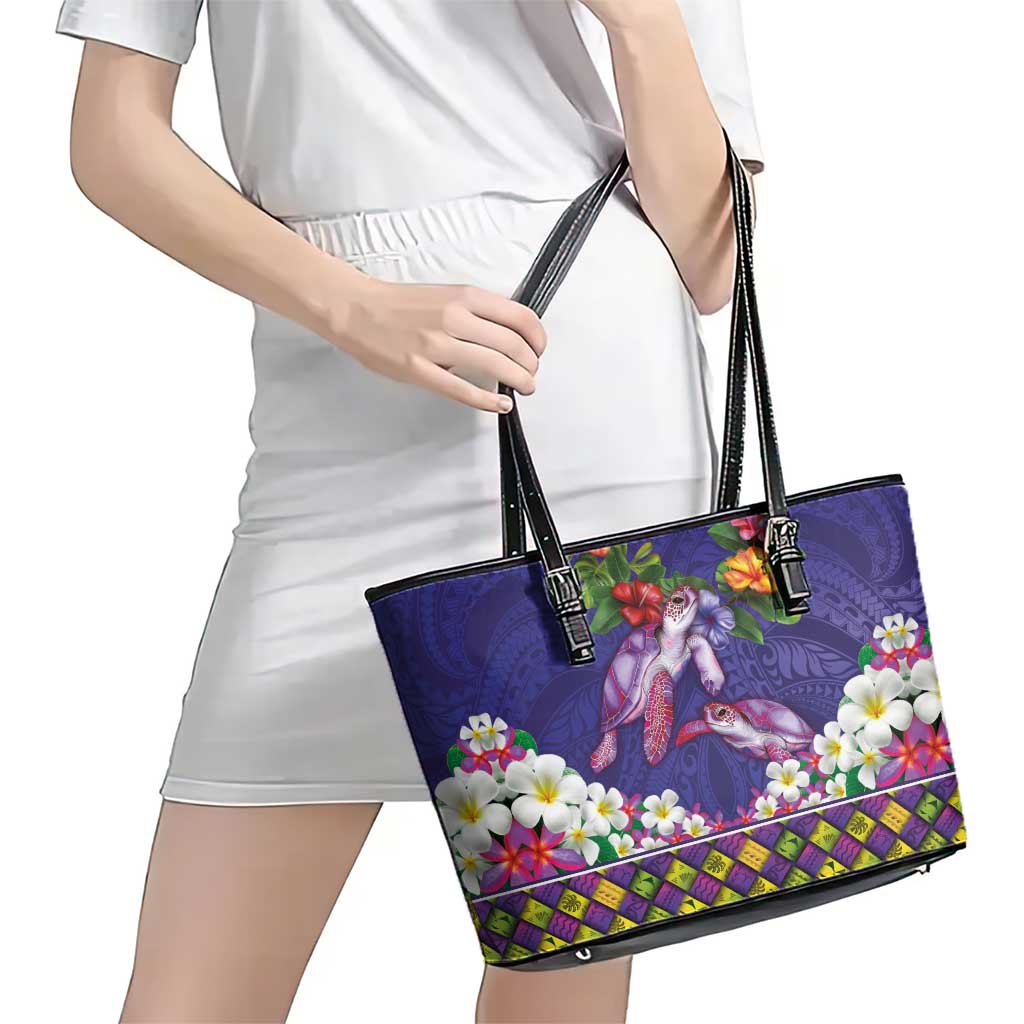 Hawaiian Lei Turtle and Plumeria Leather Tote Bag Polynerian Art Tattoo-Navy Color LT03 - Polynesian Pride