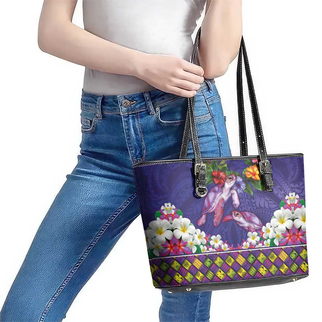 Hawaiian Lei Turtle and Plumeria Leather Tote Bag Polynerian Art Tattoo-Navy Color LT03 - Polynesian Pride