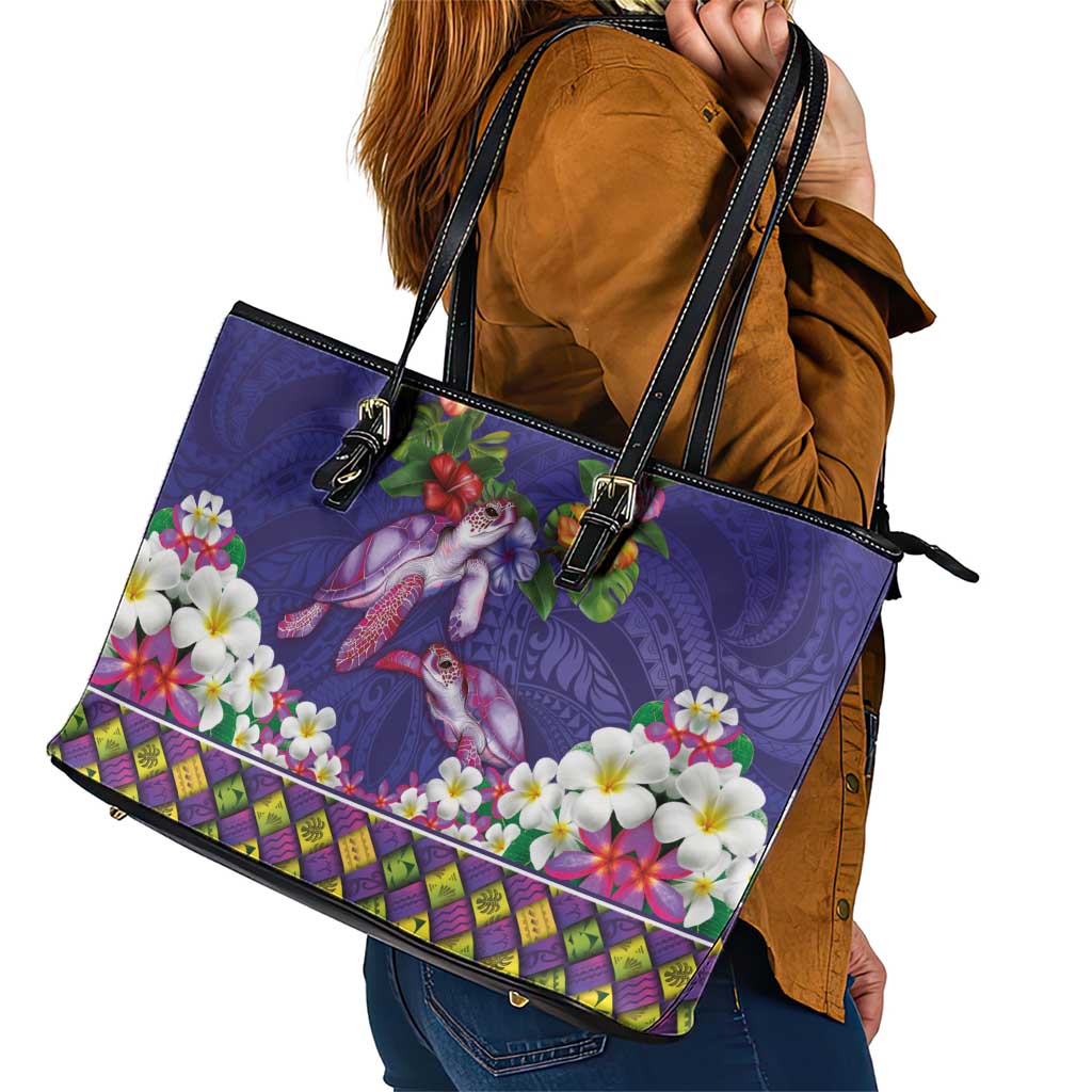 Hawaiian Lei Turtle and Plumeria Leather Tote Bag Polynerian Art Tattoo-Navy Color LT03 - Polynesian Pride