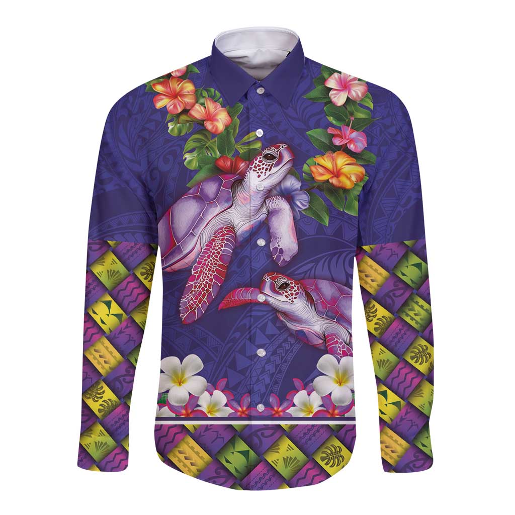 Hawaiian Lei Turtle and Plumeria Long Sleeve Button Shirt Polynerian Art Tattoo-Navy Color