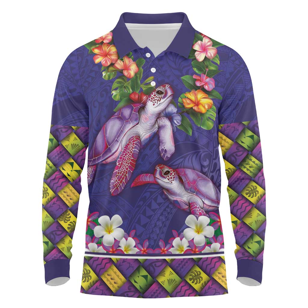 Hawaiian Lei Turtle and Plumeria Long Sleeve Polo Shirt Polynerian Art Tattoo-Navy Color