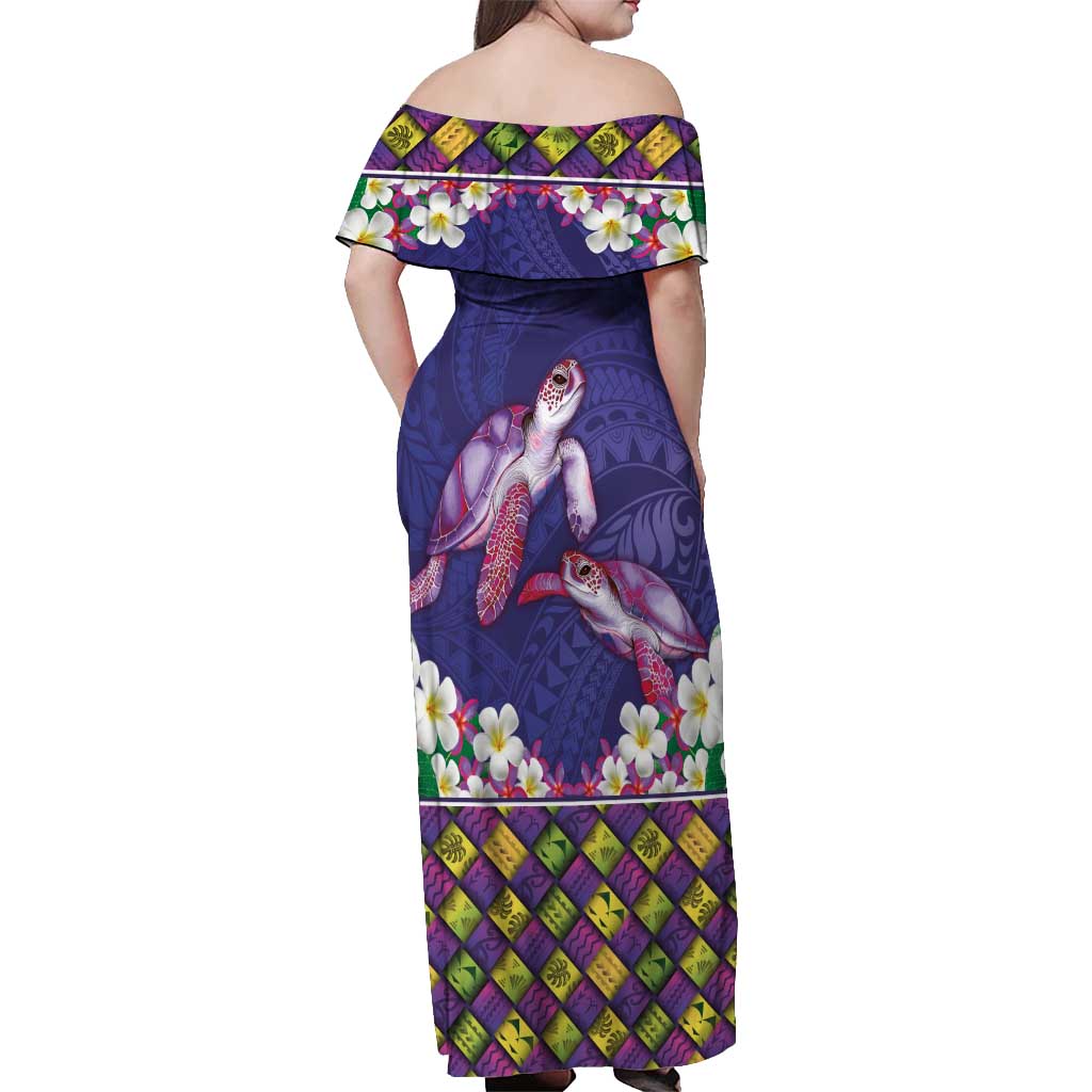 Hawaiian Lei Turtle and Plumeria Off Shoulder Maxi Dress Polynerian Art Tattoo-Navy Color