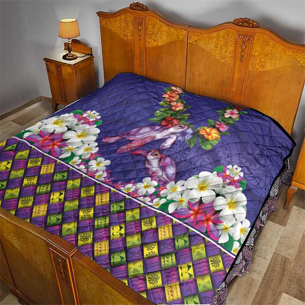 Hawaiian Lei Turtle and Plumeria Quilt Polynerian Art Tattoo-Navy Color