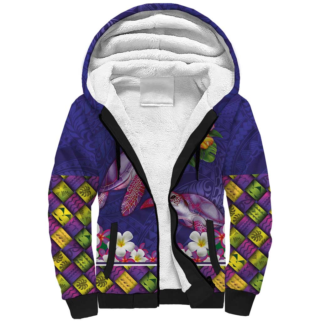 Hawaiian Lei Turtle and Plumeria Sherpa Hoodie Polynerian Art Tattoo-Navy Color